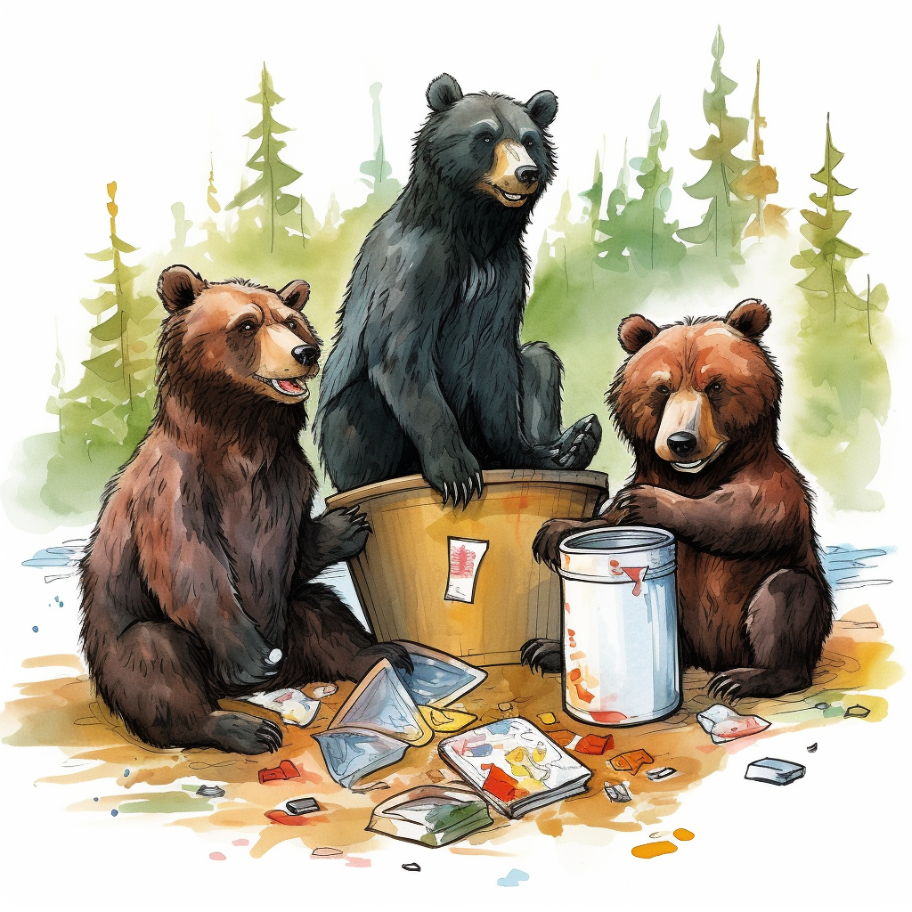 water color cute bear family eating trash from a trash bin at ...