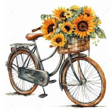 clipart of beautiful watercolor sunflowers on s country bicycle with a basket, bold and details, white background