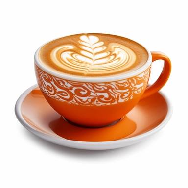 Side view of hot latte coffee with latte art in a orange cup and saucer isolated on white background with clipping path inside