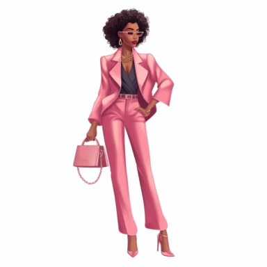 Professional black woman pink pants suit, facing camera, very fashionable, happy, confident, carrying small designer handbag, wearing high heels and bold jewelry. Illustration style, clip art