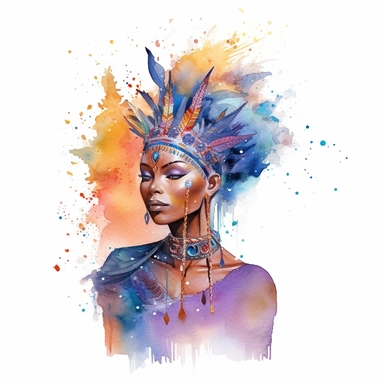 watercolor clipart of a magical mystical Australian Aboriginal elf queen, enchanted and mythical, sparkles, magical vibes, isolated on white background