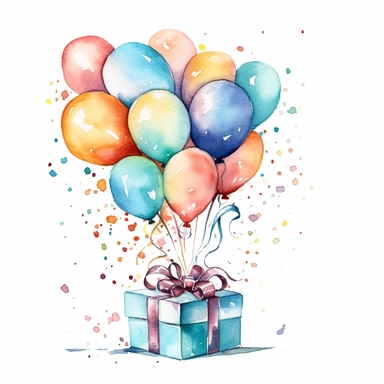 Birthday illustration clip art, holiday graphics collection, party background, watercolor colorful balloons and confetti illustration, carnival greeting graphics, gift box isolated, candies watercolor