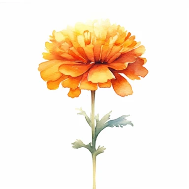 watercolor of single marigold, beautiful and delicate, diffused lighting, clipart on solid white background