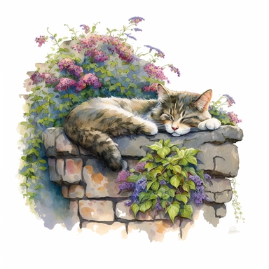 A cat napping on an ancient stone wall, surrounded by climbing ivy and blooming flowers, watercolor by Thomas Kinkade, clipart, solid background.--q 2 niji 5