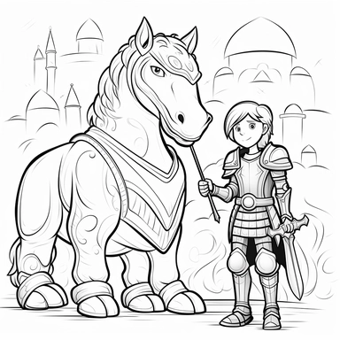 Emily Elizabeth and Clifford the Big Red dog as a mythical female knight and dragon black and white cartoon line drawing outline flat clip art style