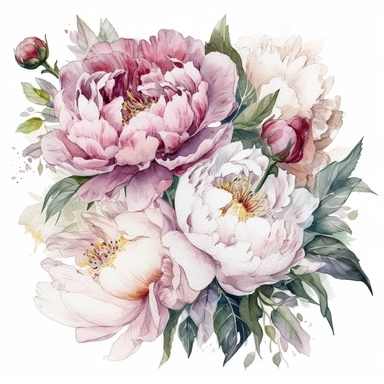 a bouquet with a few peonies clipart with white background, unimaginable beauty,white with little pink details in the centre of the bloom,An illustration clipart painted by ann buccarelli, watercolour, combo pale colours, insanely detailed, on white background, amazing colour combo, with detailed watercolor bloom, white/ pink/ green, bec winnel, intricately textured, close up, walter Langley, lucy grossmith, heavy impasto technique, detailed shading, atmospheric watercolours, on white background