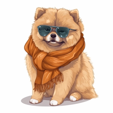 cute funny kawaii Chow Chow Puppy with Balenciaga sunglasses and cool necklaces or scarf, cute illustration, clipart, white backgound, Cuttable Design,full body