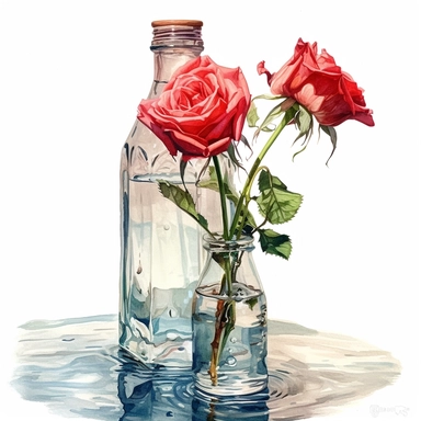 hyperrealism painting, red roses in a water bottle , white background, watercolor style, farmhouse chic, tempera clipart