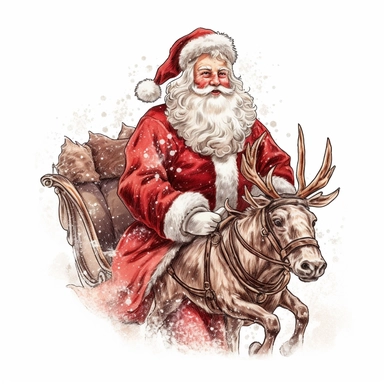 Beautiful full body illustration of Santa Claus in his classic red and white suit, with his bushy white beard and twinkling eyes. riding reindeer sleigh. vector elements. elegant, luxurious, style by Lucy Fleming, watercolor, smooth gradients, black contour outline, ultra detailed, clipart elements, delicate pastel colors, solid white background, super clear, high quality