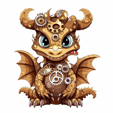 friendly dragon with cute eyes, in the style of steampunk, clipart, white background, lots of cogs,