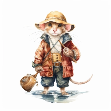a fisherman mouse in victiorian outfit watercolor clipart