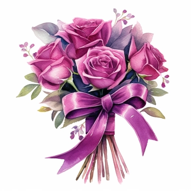 magenta roses, bouquet, tied with small bow, detailed, clip art, aquarelle