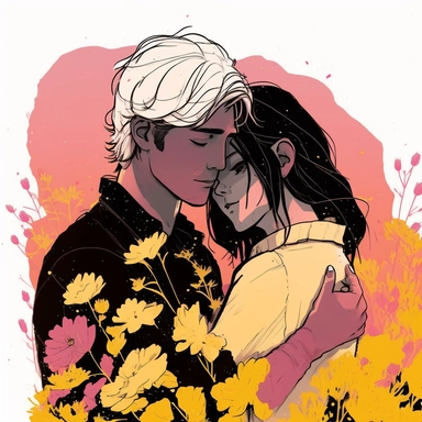 Dreamlike hyper realistic illustration of a couple in love embracing. The man has black hair. The girl is has white hair. In a field of pink and yellow flowers. Flat colors, simple lines, gorgeous lighting, graphic novel style, 2d painting, ink painting style, digital art, childrens character design, happy mood, pixar style cartoon, line work, minimalist, watercolor, 8k, PNG, clipart on white background, sticker style, studio ghibli vibe, studio ghibli style