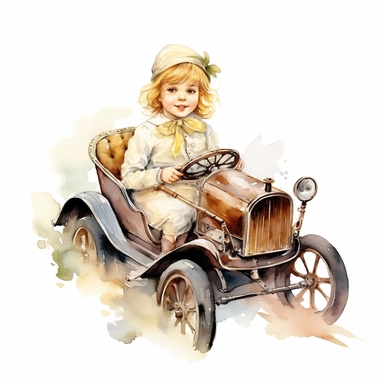 Watercolor Victorian baby girl in driving a ford t car from the era clipart , on a white background, Illustration clipart, 4K, extremely detailed