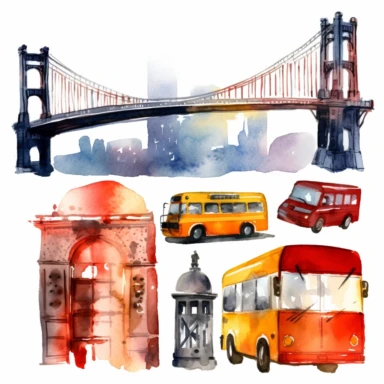 Symbols of the city of New York WATERCOLOR CLIPART, London scrapbooking graphics watercolor illustration sketch painting clip art, city bus sightsaw bridge telephone, Free-cut on an all-white background, no shadows, primary colors, maximum contrasts, no typography