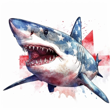 Great white shark, patriotic pattern,stars and stripes, red, white, blue, watercolor style, hyper-realistic animal illustrations, 2d game art, quadratura, clipart, on white background,