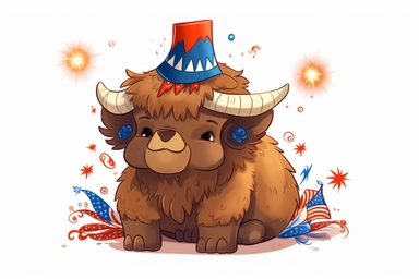 Cute bison buffalo in Independence Day clipart, cartoon, white background,