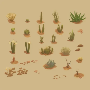 desert bushes, video game assets, isometric, top down, isolated figures, hand drawn, level art, atmospheric effects, spatial concept art, muralist, clipart, ps1 graphics, deconstructed objects, 2d, plain background