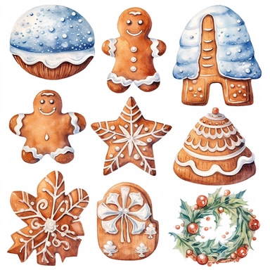 watercolor christmas cookies, watercolor christmas ginger bread, watercolor christmas gingerbread, white icing, watercolor clip art, white background, highly detailed, 8k, clip art