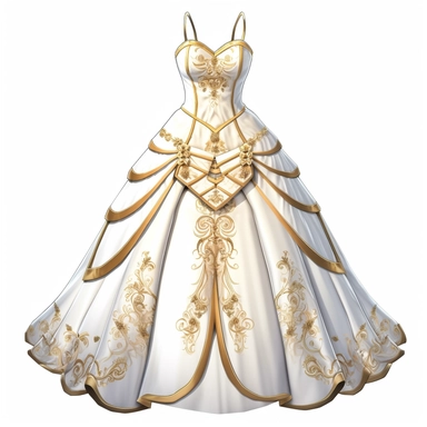 Illustration of a white and golden bridal gown Cliparts, only dress, beautiful, white background, clipart, PNG pure white background, high resolution, best quality, unreal engine 5