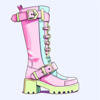 Create a Y2K-style pastel neon color vector illustration clipart on a clean white background, featuring women's platform goth swing knee boots with buckle details. The boots should have a bold and edgy design, with chunky platform soles and a swing-style that extends to the knee. The Y2K aesthetic should be infused with gothic elements, resulting in a fusion of alternative fashion and futuristic style. pop in neon pastel colors in a y2k style futuristic way. The boots should be primarily black, 