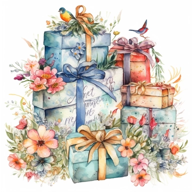 insanely beautiful pile of 3 gift packages , in the style of beatrice potter, 32k uhd, hand-painted details, pastoral illustrations, amazing colour combinations , aquarellist, hd , white background clipart ,-- no watermark--ar 27:37