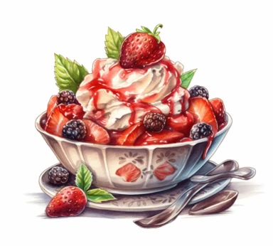 realistic burnished watercolored pencil homemade ice cream in a dish with strawberry sauce clipart, detailed, on white background, spaced out