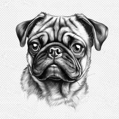 pug clipart no background, white, black, svg, sketchbook, free lines, on paper