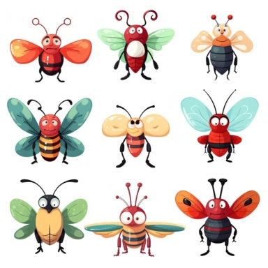 Cute Insects, set of clipart, cartoon style, isolated white background