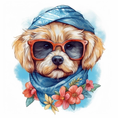 cute puppy female wearing bandana and sunglasses drawn in watercolor, vector design, cutout,Sublimation Clipart ,Cartoon,hyper realistic, intricate detail, illustration style,high solution,on the white background