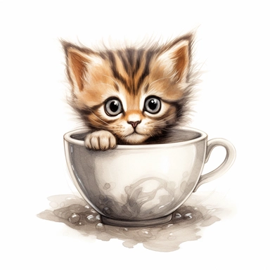 Imagine a curious clipart kitten with wide eyes and a raised paw, peering out from a teacup with a whimsical expression on a clean white background. 032