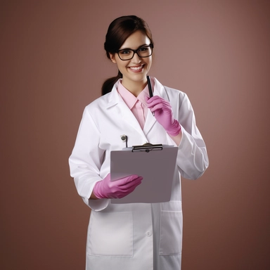 Female doctor, white lab coat, clipped ID badge, wearing pink latex gloves, clipboard, stethoscope, looking at camera, smiling, photorealism