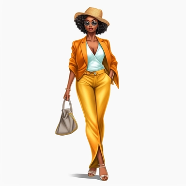 realistic illustration of Fashion-forward African American woman: Illustrate a clipart of a stylish African American woman wearing fashionable clothing and accessories. Showcase her confidence and individuality through her outfit and pose. clipart, isolated on white background, 4K