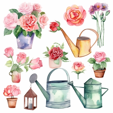 Draw a set of whimsical-style, watercolor-style clip art images that feature various types of roses in different colors and stages of blooming and garden-related objects, Watercolor rose Garden Clipart, the setting must be floral wonderland with feminine spring-colored clipart, roses in flower pots, roses in flower boxes, roses growing in watering cans, garden benches, water fountain surrounded by roses, roses at a flower shop stall, hummingbirds, butterflies, Garden tools, include garden decora
