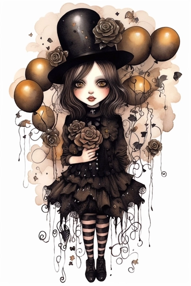 watercolor mixed media goth steampunk girl entire body in goth steampunk birthday bouquet illustration clipart by holly hobbie