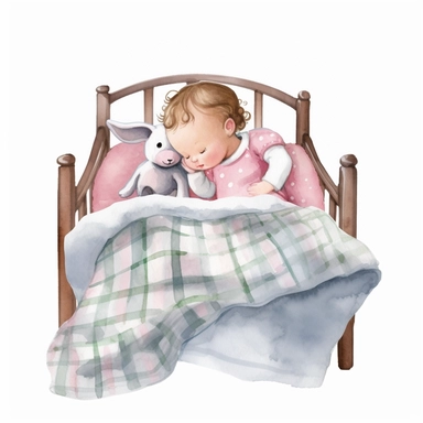 Create an adorable clipart of a baby girl peacefully sleeping in a crib, with a blanket and a stuffed animal., isolated white background, watercolour Clipart, 8k, high quality