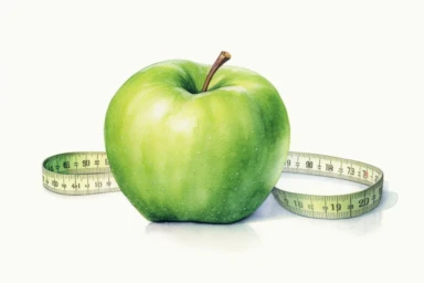 watercolor art of one green apple and a measuring tape clipart, subtle pastel color variation, detailed, on white background, 4k uhd