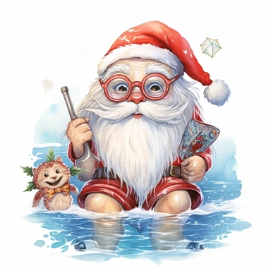 santa summer smile and cute big eyes wear big glasses full body , sea trip summer , cute funny laugh detailed digital art, whimsical and cute, cute detailed artwork, glimmering, adorable and whimsical, whimsical art, watercolor Clipart style