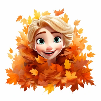A princess elsa from Disney franchise sneaking out her head out of maple leaves stack, so many maple leaves in the center of the image,smiling, halloween, pixar style, clipart, white background , fall scene, swag cut