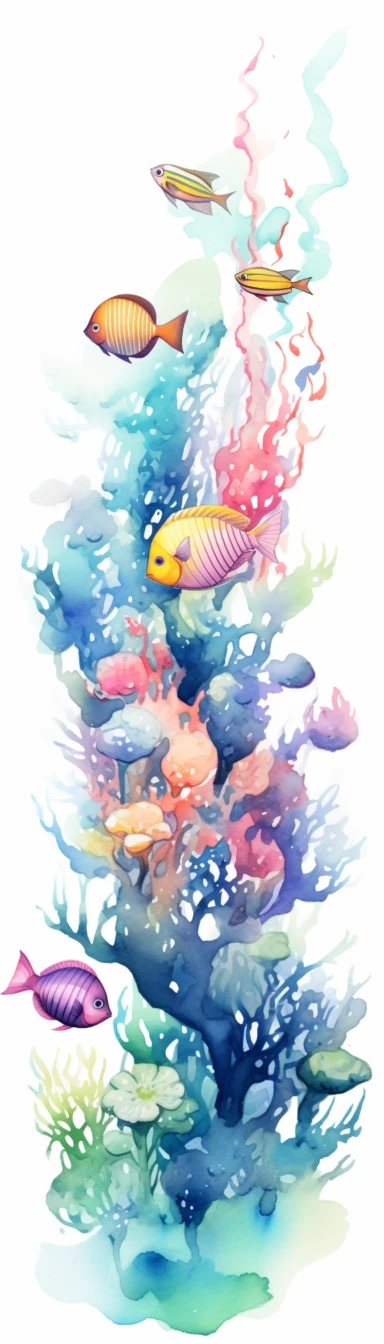 Clipart Tropical fish swimming among coral reefs, Watercolor, white background, vertical format