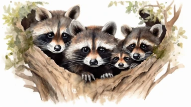 Curious Raccoons: A family of raccoons peeking out from behind a tree, with one raccoon looking directly at the viewer - cute and adorable watercolor illustration with photorealistic high details clipart, white background