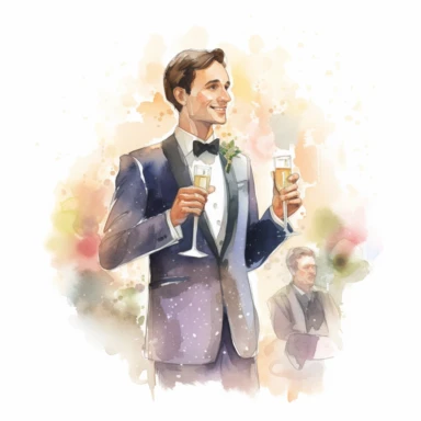 Wedding Speech Clipart: This watercolor clipart illustrates a memorable wedding speech, with the best man holding up his champagne flute in toast.