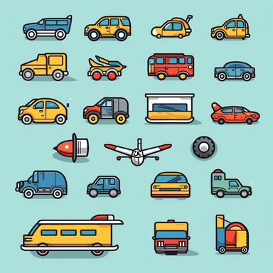 Create clipart of different vehicles like cars, trucks, bicycles, boats, airplanes, and trains in various styles. (vector logo, vector art, simple, cartoon style, 2D, emblem)