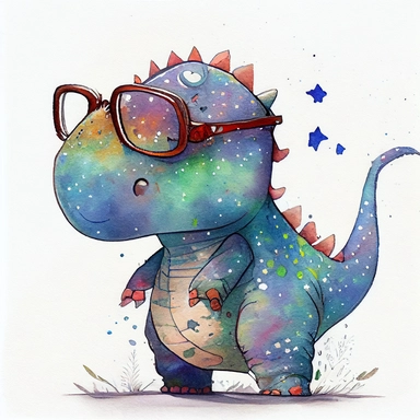 children's book illustration of a cute dinosuar wearing googles, stars, smooth watercolor details, in the style of Pixar, superb color, outline, nursery art, popular on pinterest, clipart, trending on artstation, minimalist, flat design, white background, insane deails, intricate details