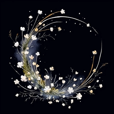 framed by thin border, wide view, central composition, fit in shot, full length, uncropped ,watercolor baby's breath wreathes, clipart, vector, dark background