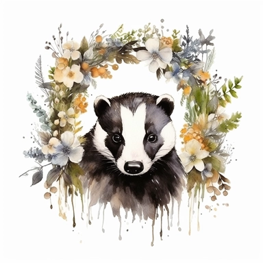 WOODLAND BADGER WITH FLOWERS, CLIPART, WATER COLOUR, WHITE BACKGROUND