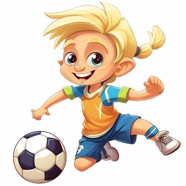 a 9 year old boy with blonde hair in a ponytail as a soccer star, comic style clipart like paw patrol