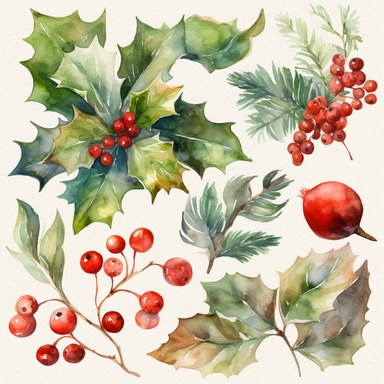 Generate a set of watercolor clipart images with a Christmas theme, featuring delicate and intricate designs of traditional holiday symbols like snowflakes, holly leaves, mistletoe, Christmas trees, and ornaments. The images should have crisp lines and clear outlines, with a high level of detail and subtle colors to make them elegant and beautiful. Please generate the images at the highest quality possible, with a resolution of at least 300 dpi and a size of 8x8 inches