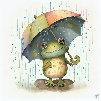 cute whimsical smiling frog holding an umbrella in the rain, artistic and delicate children's book illustration, hand drawn doodle, clipart, pastel painting with vibrant warm colors, by Amanda Clark and eric carle, white background