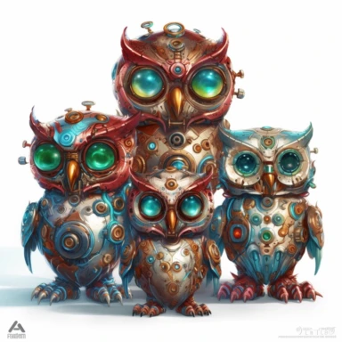 fantasy owl, fantastic owl, wallpaper owl, gods art, aion, Kawaii owl, wallpaper owl, gods art, aion, jewelry, A team of 6 supportive, curious, nerdy computer cats and robots, clipart by Sarah Anderson, pure white background